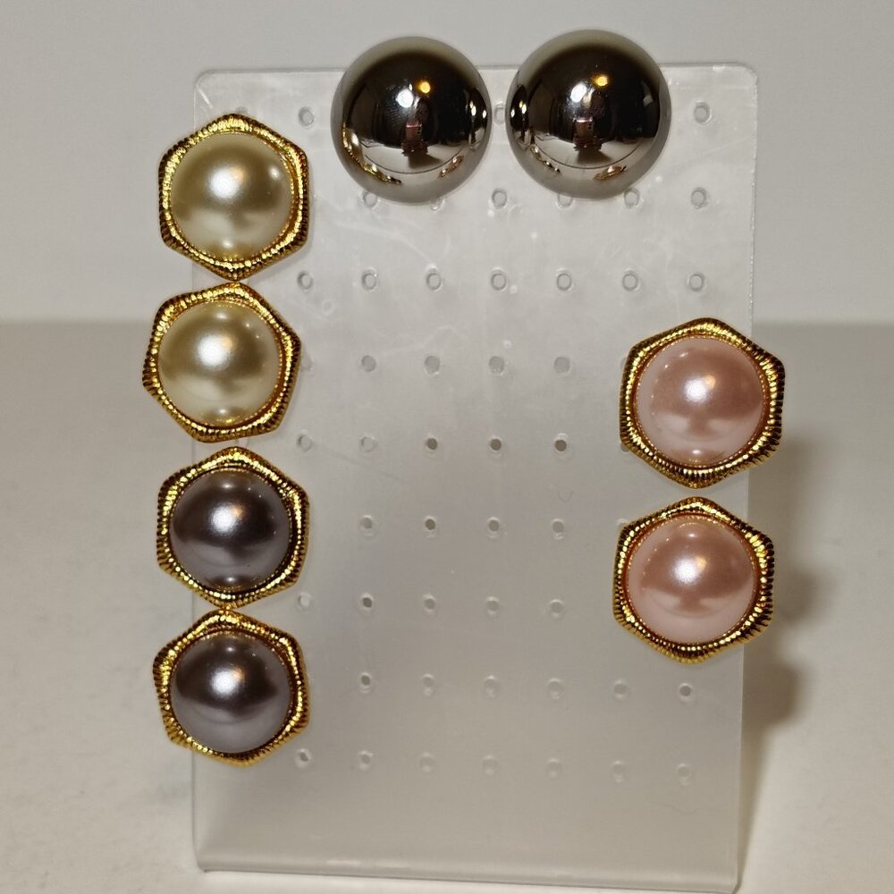 Joan Rivers Earrings Set Faux Pearl Pink Gray White Silver Bulbs Clip-on Vintage - Picture 2 of 5